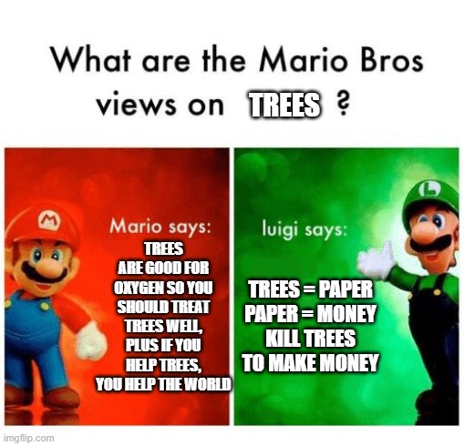 T R E E | TREES; TREES ARE GOOD FOR OXYGEN SO YOU SHOULD TREAT TREES WELL, PLUS IF YOU HELP TREES, YOU HELP THE WORLD; TREES = PAPER
PAPER = MONEY
KILL TREES TO MAKE MONEY | image tagged in mario says luigi says,trees,funny memes | made w/ Imgflip meme maker