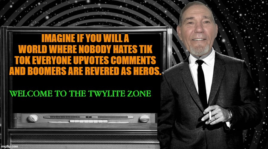 IMAGINE IF YOU WILL A WORLD WHERE NOBODY HATES TIK TOK EVERYONE UPVOTES COMMENTS AND BOOMERS ARE REVERED AS HEROS. WELCOME TO THE TWYLITE ZO | image tagged in the kewlew zone | made w/ Imgflip meme maker