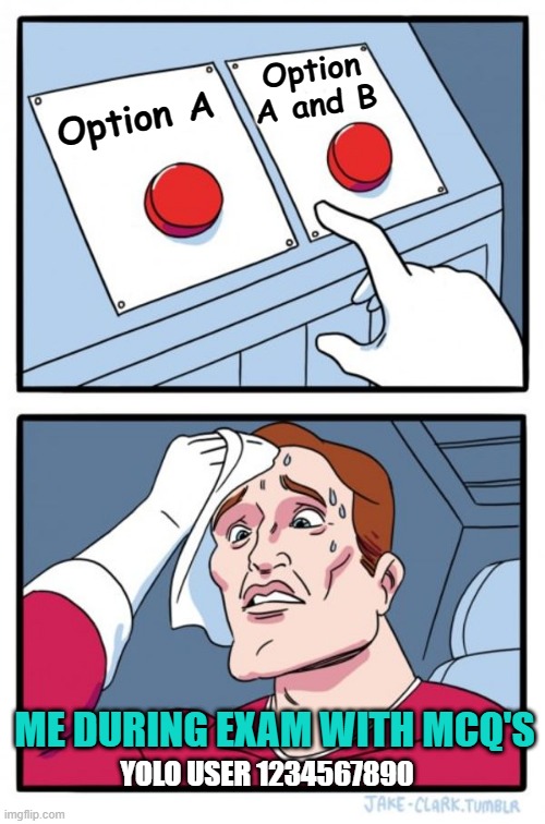 Two Buttons Meme | Option A and B; Option A; ME DURING EXAM WITH MCQ'S; YOLO USER 1234567890 | image tagged in memes,two buttons | made w/ Imgflip meme maker