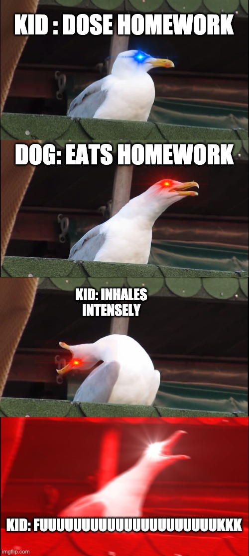 Inhaling Seagull Meme | KID : DOSE HOMEWORK; DOG: EATS HOMEWORK; KID: INHALES INTENSELY; KID: FUUUUUUUUUUUUUUUUUUUUUKKK | image tagged in memes,inhaling seagull | made w/ Imgflip meme maker