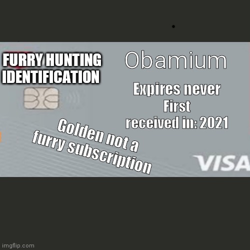 Obamium; FURRY HUNTING IDENTIFICATION; Expires never; First received in: 2021; Golden not a furry subscription | image tagged in identify | made w/ Imgflip meme maker