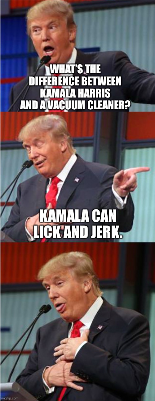 Dirty joke about Kamala and a vacuum | WHAT’S THE DIFFERENCE BETWEEN KAMALA HARRIS AND A VACUUM CLEANER? KAMALA CAN LICK AND JERK. | image tagged in bad pun trump,memes,kamala harris,vacuum,bad joke,dirty | made w/ Imgflip meme maker