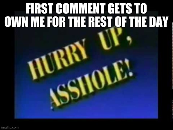 Hurry up, asshole | FIRST COMMENT GETS TO OWN ME FOR THE REST OF THE DAY | image tagged in hurry up asshole | made w/ Imgflip meme maker