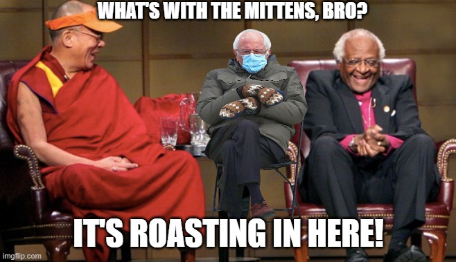 Bernie and Bros | WHAT'S WITH THE MITTENS, BRO? IT'S ROASTING IN HERE! | image tagged in bernie,tutu,dalai | made w/ Imgflip meme maker