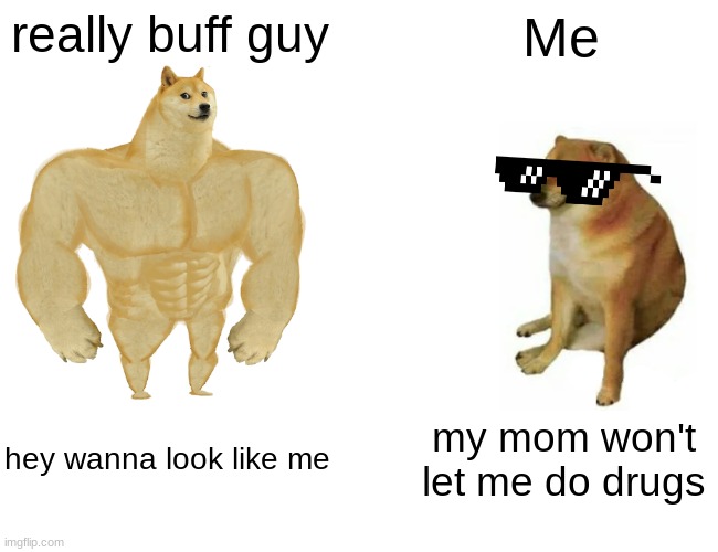 get burned | really buff guy; Me; hey wanna look like me; my mom won't let me do drugs | image tagged in memes,buff doge vs cheems | made w/ Imgflip meme maker
