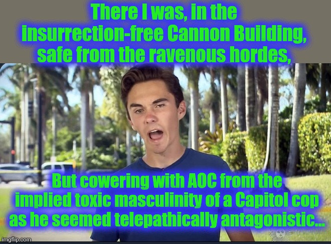 Hogg-AOC Cower | There I was, in the insurrection-free Cannon Building, safe from the ravenous hordes, But cowering with AOC from the implied toxic masculinity of a Capitol cop as he seemed telepathically antagonistic... | image tagged in david hogg,aoc,capitol,insurrection | made w/ Imgflip meme maker