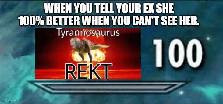 oof! | WHEN YOU TELL YOUR EX SHE 100% BETTER WHEN YOU CAN'T SEE HER. | image tagged in skyrim skill meme | made w/ Imgflip meme maker