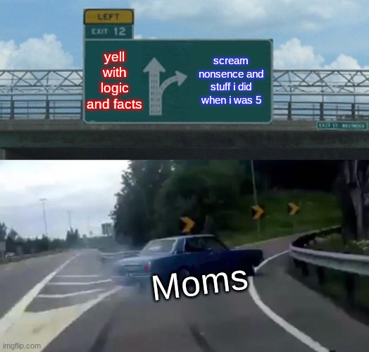 Left Exit 12 Off Ramp | yell with logic and facts; scream nonsence and stuff i did when i was 5; Moms | image tagged in memes,left exit 12 off ramp | made w/ Imgflip meme maker