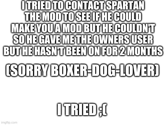 Im sorry boxer-dog-lover  ;( | I TRIED TO CONTACT SPARTAN THE MOD TO SEE IF HE COULD MAKE YOU A MOD BUT HE COULDN'T SO HE GAVE ME THE OWNERS USER BUT HE HASN'T BEEN ON FOR 2 MONTHS; (SORRY BOXER-DOG-LOVER); I TRIED ;( | image tagged in blank white template | made w/ Imgflip meme maker