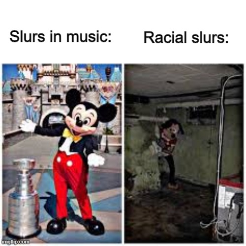 BLM btw | Racial slurs:; Slurs in music: | image tagged in mickey mouse in disneyland | made w/ Imgflip meme maker