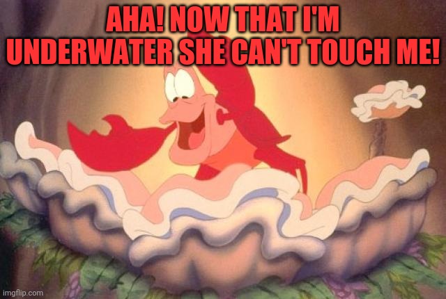 sebastian | AHA! NOW THAT I'M UNDERWATER SHE CAN'T TOUCH ME! | image tagged in sebastian | made w/ Imgflip meme maker