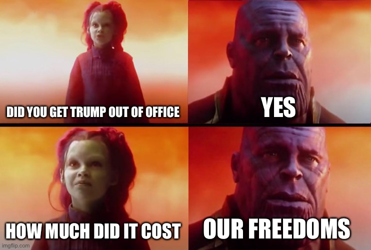 Trumps out! Now we only have no freedoms! | DID YOU GET TRUMP OUT OF OFFICE; YES; HOW MUCH DID IT COST; OUR FREEDOMS | image tagged in thanos what did it cost | made w/ Imgflip meme maker