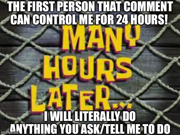 Many Hours Later... | THE FIRST PERSON THAT COMMENT CAN CONTROL ME FOR 24 HOURS! I WILL LITERALLY DO ANYTHING YOU ASK/TELL ME TO DO | image tagged in many hours later | made w/ Imgflip meme maker