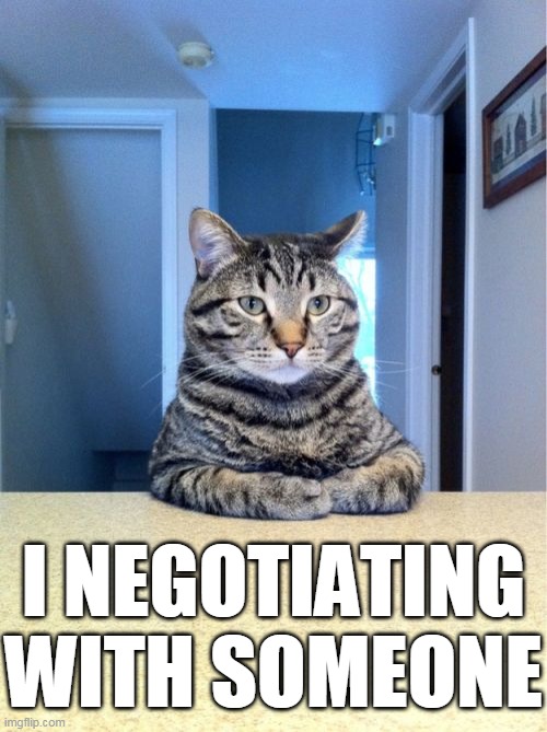Take A Seat Cat | I NEGOTIATING
WITH SOMEONE | image tagged in memes,take a seat cat | made w/ Imgflip meme maker