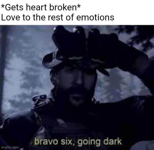 Love going dark | *Gets heart broken*
Love to the rest of emotions | image tagged in bravo 6 going dark,funny memes,funny,love | made w/ Imgflip meme maker