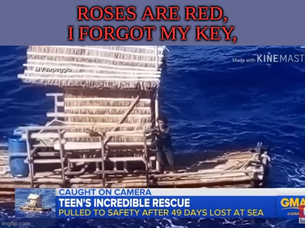 Teen rescued after 49 days at sea | ROSES ARE RED,
I FORGOT MY KEY, | image tagged in roses are red,funny,memes,dank | made w/ Imgflip meme maker