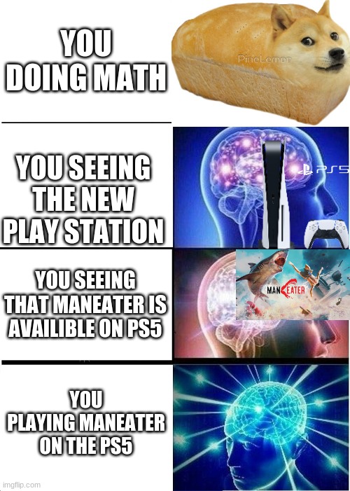 brain power lmao | YOU DOING MATH; YOU SEEING THE NEW PLAY STATION; YOU SEEING THAT MANEATER IS AVAILIBLE ON PS5; YOU PLAYING MANEATER ON THE PS5 | image tagged in memes,expanding brain | made w/ Imgflip meme maker