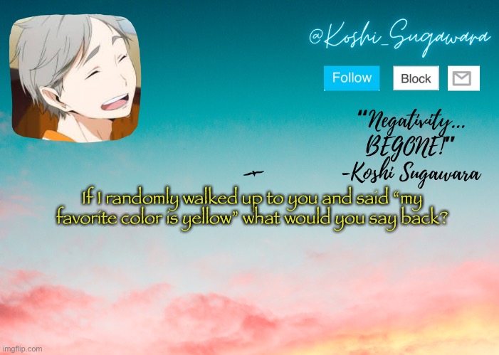 Koshi temp | If I randomly walked up to you and said “my favorite color is yellow” what would you say back? | image tagged in koshi temp | made w/ Imgflip meme maker