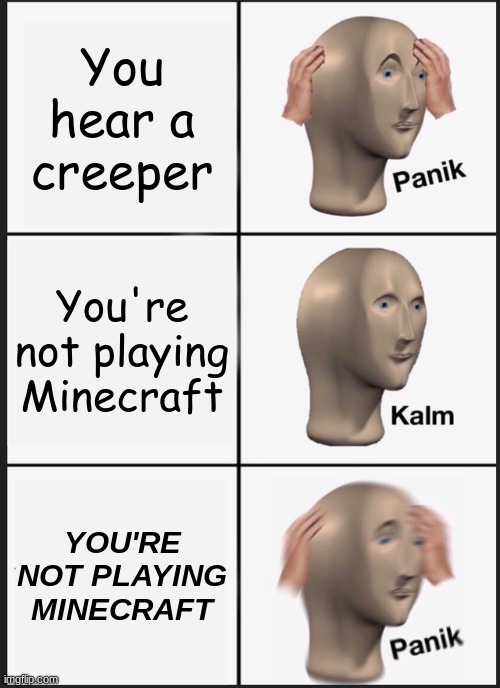 Panik Kalm Panik | You hear a creeper; You're not playing Minecraft; YOU'RE NOT PLAYING MINECRAFT | image tagged in memes,panik kalm panik | made w/ Imgflip meme maker