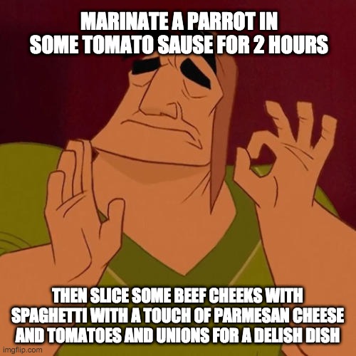 When X just right | MARINATE A PARROT IN SOME TOMATO SAUSE FOR 2 HOURS THEN SLICE SOME BEEF CHEEKS WITH SPAGHETTI WITH A TOUCH OF PARMESAN CHEESE AND TOMATOES A | image tagged in when x just right | made w/ Imgflip meme maker