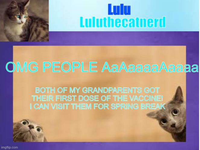 OMG aaaaaaaa | OMG PEOPLE AaAaaaaAaaaa; BOTH OF MY GRANDPARENTS GOT THEIR FIRST DOSE OF THE VACCINE! I CAN VISIT THEM FOR SPRING BREAK | image tagged in luluthecatnerd announcement template,happiness noise,i hate covid | made w/ Imgflip meme maker