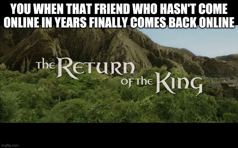 Return Of The King | YOU WHEN THAT FRIEND WHO HASN'T COME ONLINE IN YEARS FINALLY COMES BACK ONLINE | image tagged in return of the king | made w/ Imgflip meme maker