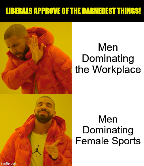 Surely the feminists disapprove... never mind. | LIBERALS APPROVE OF THE DARNEDEST THINGS! Men Dominating the Workplace; Men Dominating Female Sports | image tagged in memes,drake hotline bling,liberal logic,men vs women,transgender | made w/ Imgflip meme maker