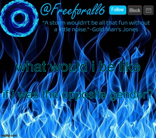 freeforall6 Official Announcement Template 2 | what would i be like; if i was the opposite gender? | image tagged in freeforall6 official announcement template 2 | made w/ Imgflip meme maker