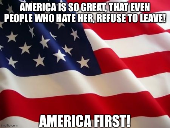 AMERICA IS SO GREAT, THAT EVEN PEOPLE WHO HATE HER, REFUSE TO LEAVE! AMERICA FIRST! | image tagged in american flag | made w/ Imgflip meme maker