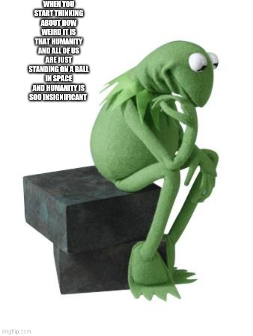 Filosofer |  WHEN YOU START THINKING ABOUT HOW WEIRD IT IS THAT HUMANITY AND ALL OF US ARE JUST STANDING ON A BALL IN SPACE AND HUMANITY IS SOO INSIGNIFICANT | image tagged in philosophy kermit,deep thoughts | made w/ Imgflip meme maker