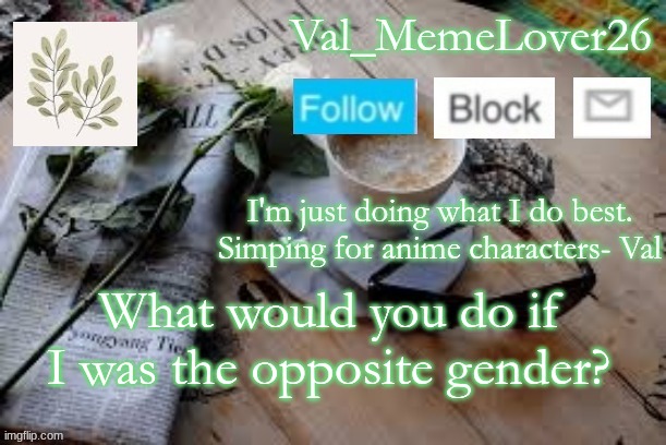 Val temp 5 | What would you do if I was the opposite gender? | image tagged in val temp 5 | made w/ Imgflip meme maker