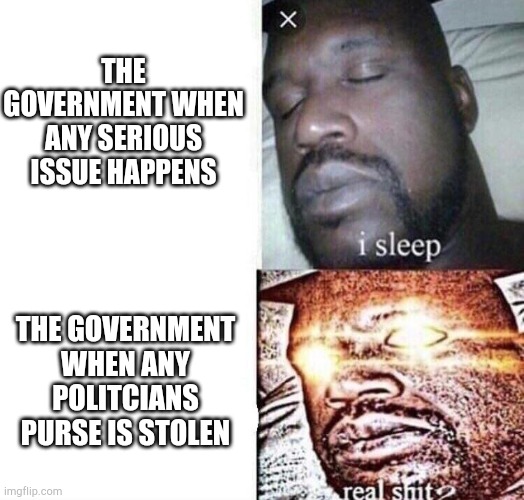 government be like | THE GOVERNMENT WHEN ANY SERIOUS ISSUE HAPPENS; THE GOVERNMENT WHEN ANY POLITCIANS PURSE IS STOLEN | image tagged in i sleep real shit | made w/ Imgflip meme maker
