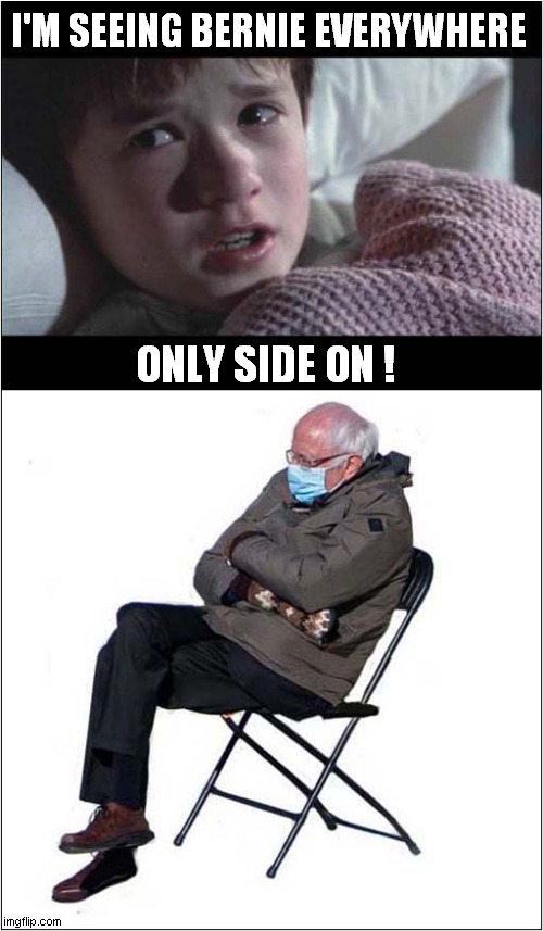 Bernie Side On View | I'M SEEING BERNIE EVERYWHERE; ONLY SIDE ON ! | image tagged in bernie mittens,bernie,template,sixth sense | made w/ Imgflip meme maker