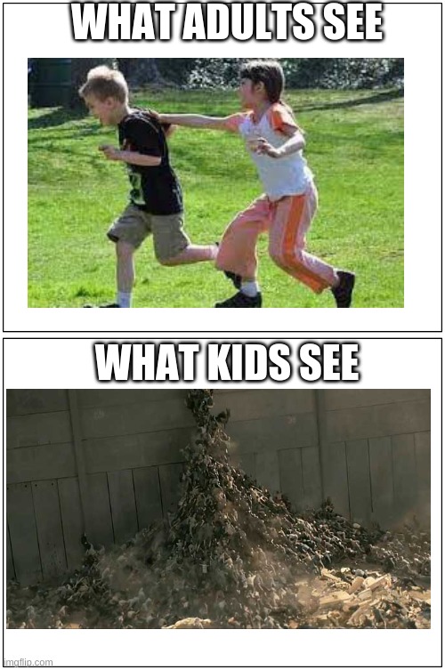 INFECTION TAG I THINK NOT | WHAT ADULTS SEE; WHAT KIDS SEE | image tagged in what adults see,zombies | made w/ Imgflip meme maker