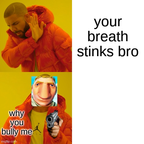 Why you bully me? | your breath stinks bro; why you bully me | image tagged in memes,drake hotline bling | made w/ Imgflip meme maker