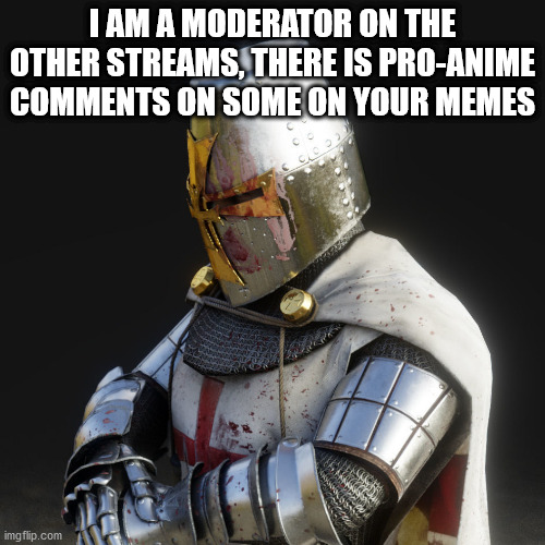 Paladin | I AM A MODERATOR ON THE OTHER STREAMS, THERE IS PRO-ANIME COMMENTS ON SOME ON YOUR MEMES | image tagged in paladin,now this is a good person,i am smart,oh wow are you actually reading these tags | made w/ Imgflip meme maker