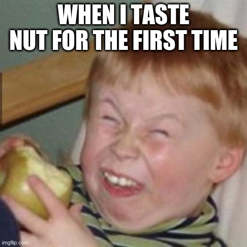 laughing kid | WHEN I TASTE NUT FOR THE FIRST TIME | image tagged in laughing kid | made w/ Imgflip meme maker