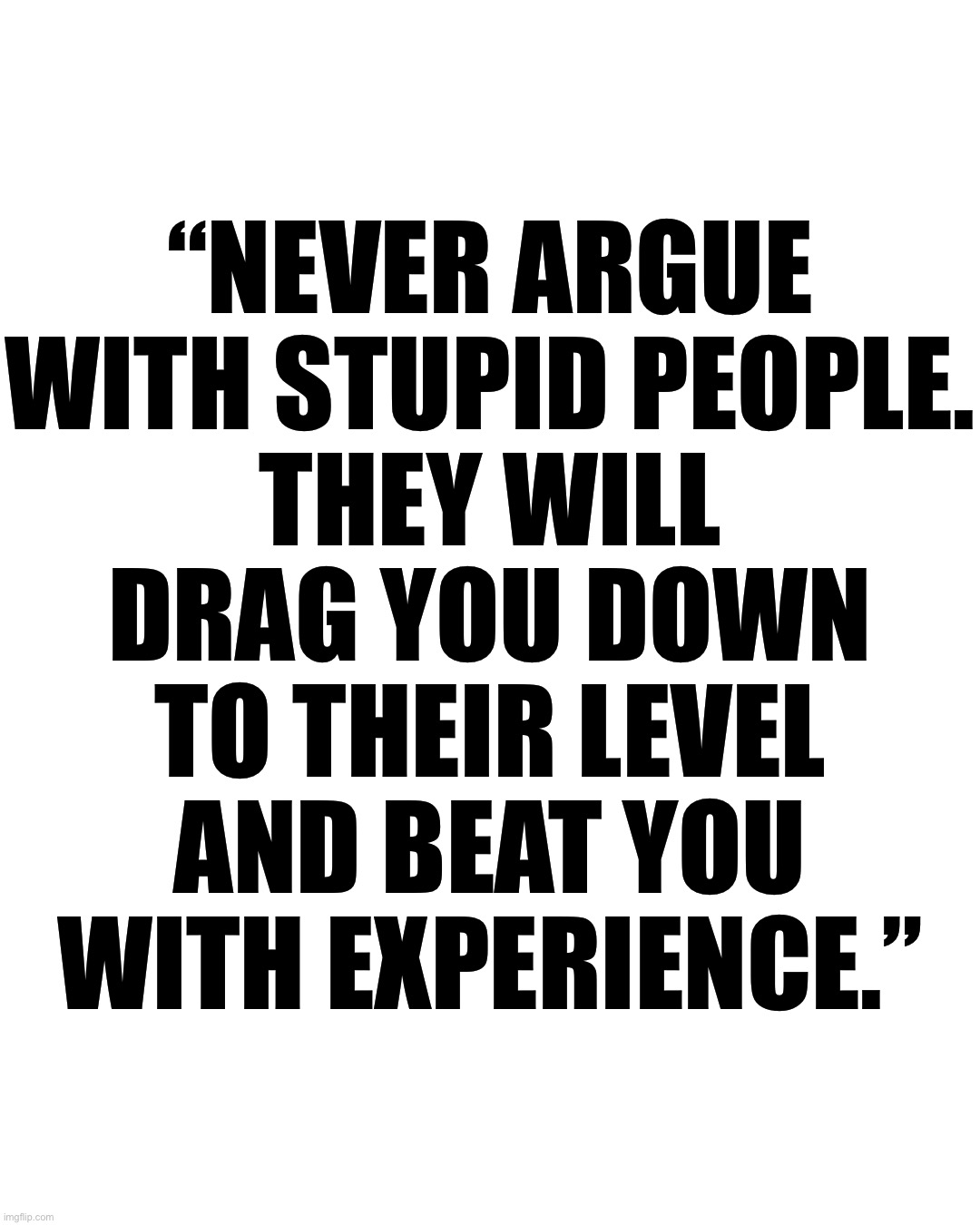 “NEVER ARGUE
WITH STUPID PEOPLE.
THEY WILL
DRAG YOU DOWN
TO THEIR LEVEL
AND BEAT YOU
WITH EXPERIENCE.” | image tagged in words of wisdom,sad truth,truth vs fiction | made w/ Imgflip meme maker
