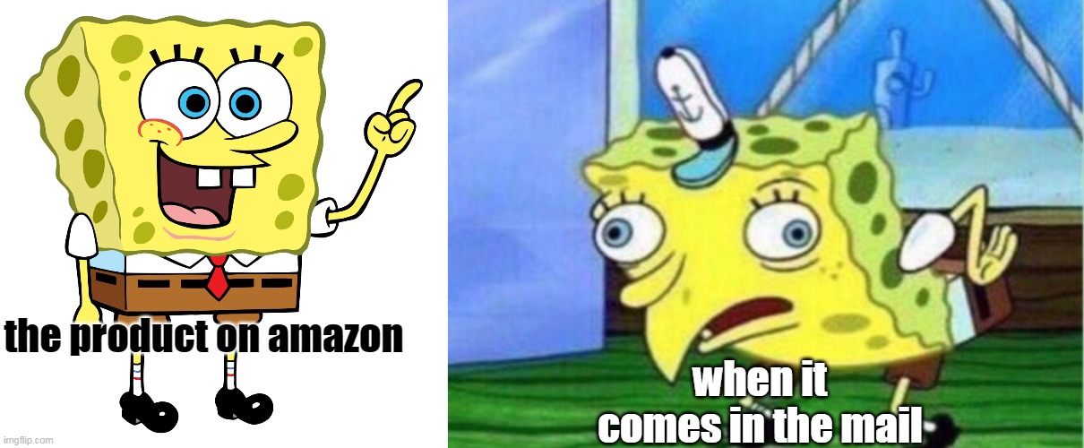 when it comes in the mail; the product on amazon | image tagged in memes,mocking spongebob | made w/ Imgflip meme maker