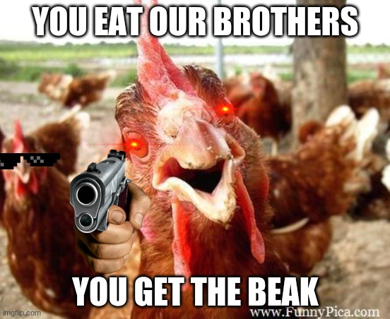 Chicken | YOU EAT OUR BROTHERS; YOU GET THE BEAK | image tagged in chicken | made w/ Imgflip meme maker
