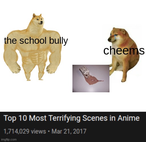 ooo very scary | the school bully; cheems | image tagged in memes,buff doge vs cheems,choccy milk | made w/ Imgflip meme maker