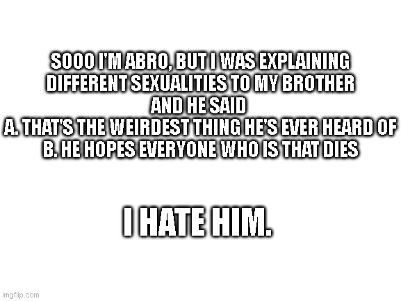 eee | SOOO I'M ABRO, BUT I WAS EXPLAINING
DIFFERENT SEXUALITIES TO MY BROTHER
AND HE SAID 
A. THAT'S THE WEIRDEST THING HE'S EVER HEARD OF
B. HE HOPES EVERYONE WHO IS THAT DIES; I HATE HIM. | image tagged in blank white template | made w/ Imgflip meme maker