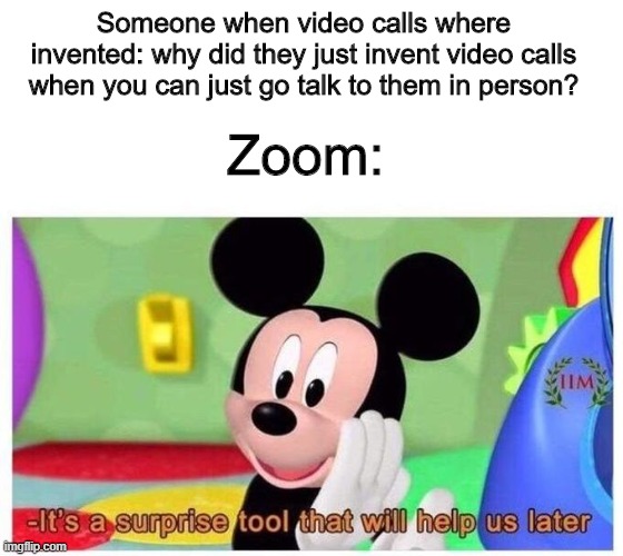 It's a surprise tool that will help us later | Someone when video calls where invented: why did they just invent video calls when you can just go talk to them in person? Zoom: | image tagged in it's a surprise tool that will help us later | made w/ Imgflip meme maker