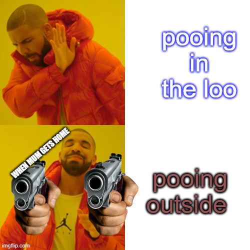 Drake Hotline Bling | pooing in the loo; pooing outside; WHEN MUM GETS HOME | image tagged in memes,drake hotline bling | made w/ Imgflip meme maker