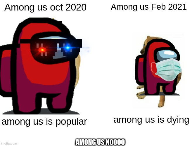Among Us October vs Febraury | Among us oct 2020; Among us Feb 2021; among us is dying; among us is popular; AMONG US NOOOO | image tagged in memes,among us is dying pls save it | made w/ Imgflip meme maker