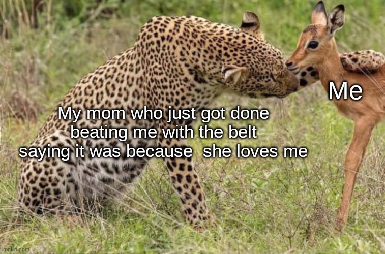 Mom's be like: | Me; My mom who just got done beating me with the belt saying it was because  she loves me | image tagged in original cheetah petting deer meme,mom,logic | made w/ Imgflip meme maker