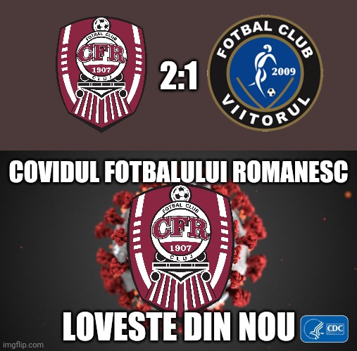 CFR (Covidul Fotbalului Romanesc) Cluj 2-1 FC Viitorul | 2:1; COVIDUL FOTBALULUI ROMANESC; LOVESTE DIN NOU | image tagged in covid 19,cfr cluj,memes | made w/ Imgflip meme maker