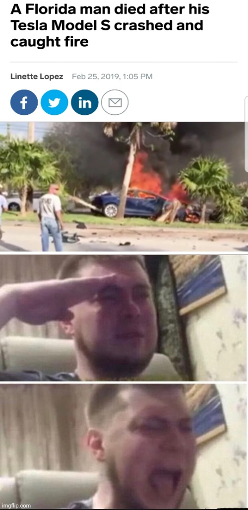 So sad news | image tagged in crying salute,memes,florida man,car,news,funny | made w/ Imgflip meme maker