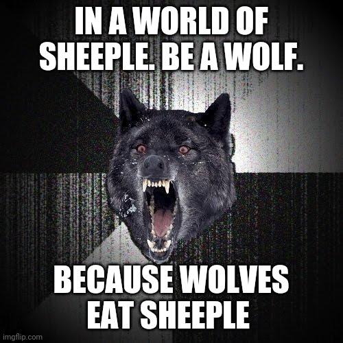 Dare to be different | IN A WORLD OF SHEEPLE. BE A WOLF. BECAUSE WOLVES EAT SHEEPLE | image tagged in memes,insanity wolf,sheeple | made w/ Imgflip meme maker