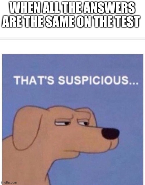 That's suspicious  | WHEN ALL THE ANSWERS ARE THE SAME ON THE TEST | image tagged in that's suspicious | made w/ Imgflip meme maker